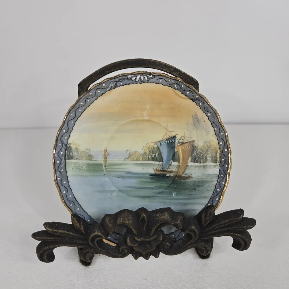 Antique Porcelain Hand Painted Sailboat Saucer Blue Nautical Catchall Dish Japan